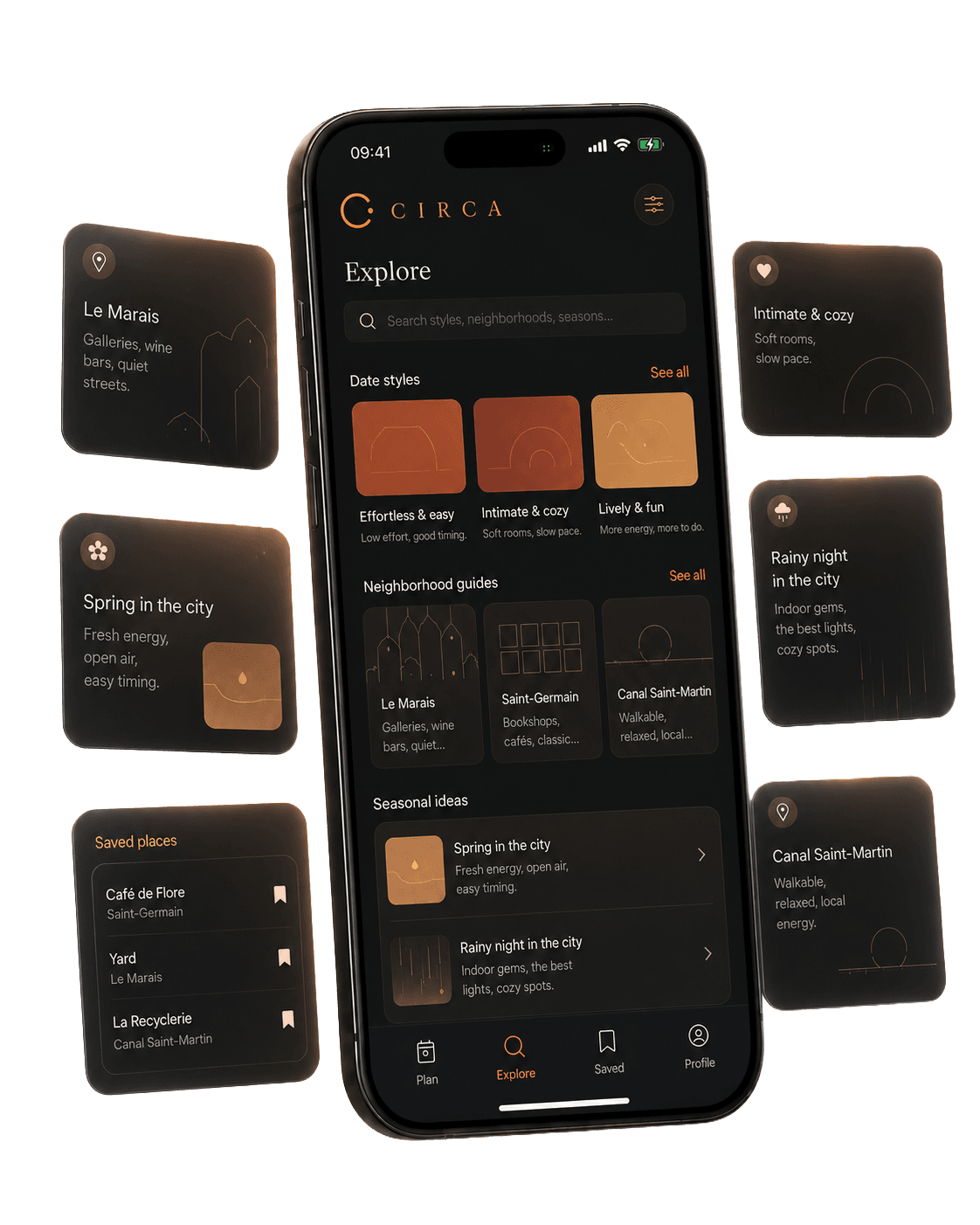 The Circa Explore tab on iPhone, with neighborhood guides for Le Marais and Canal Saint-Martin.