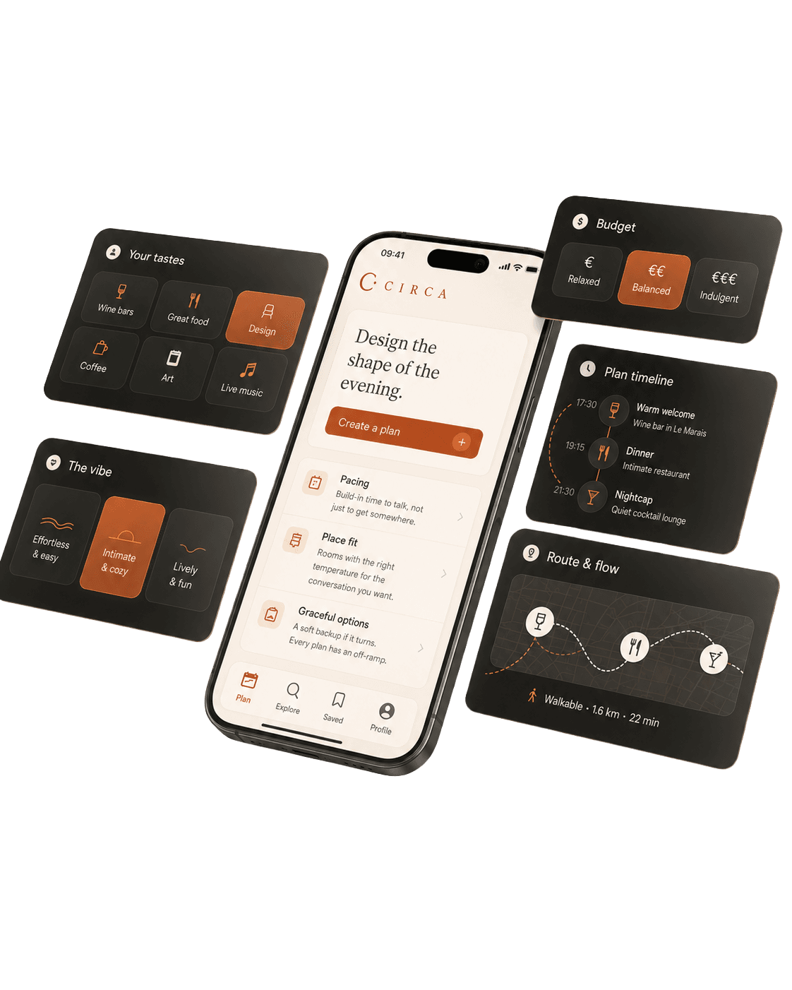 The Circa plan overview on iPhone: cards for your tastes, the vibe, budget, the plan timeline, and the route.